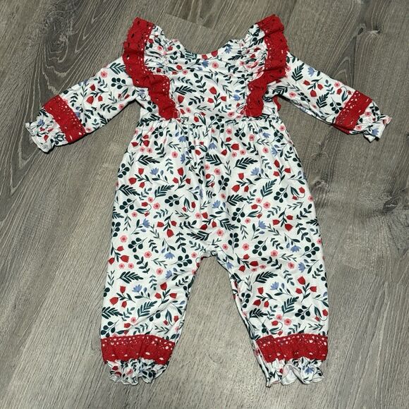 Baby Girl Floral Ruffle Romper 12-18m Boutique Style Red Trim Long Sleeve - Picture 3 of 6